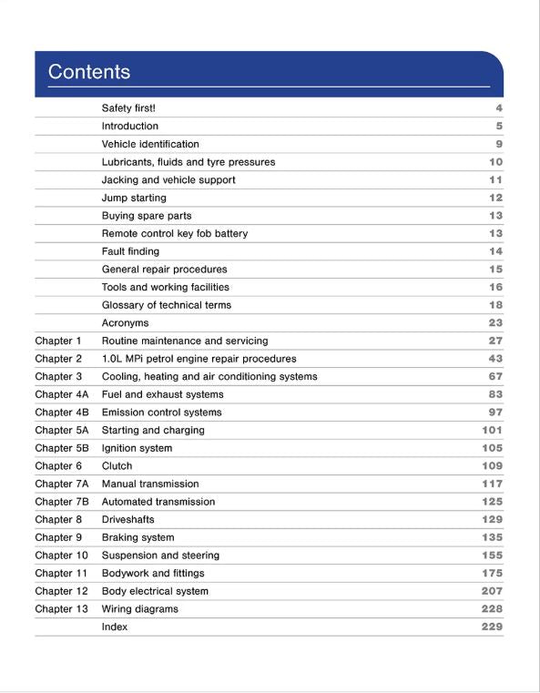 Seat Mii Petrol (2012 - 2019) Haynes Repair Manual contents englanninkielinen korjausopas sisältö